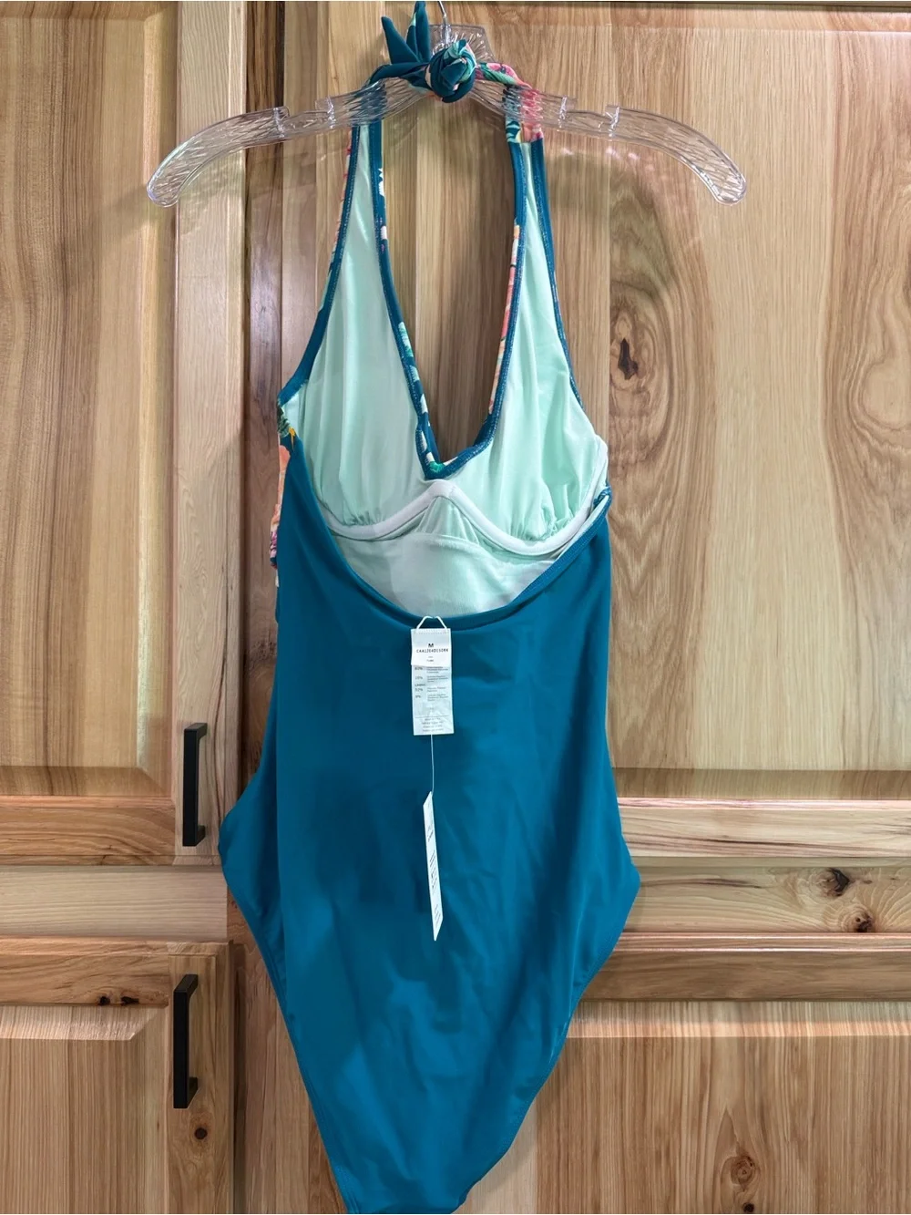 New! Cupshe Teal Floral Tropical Halter One-Piece Swimsuit Size M